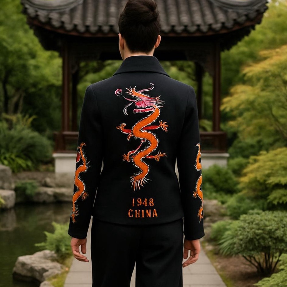 1948 WOOL SOUVENIR ASIAN EISENHOWER CROP JACKET W SILK EMBROIDERED DRAGONS SZ M